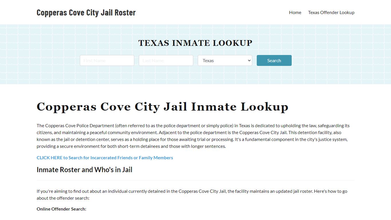 Copperas Cove Police Department Jail Inmate Lookup